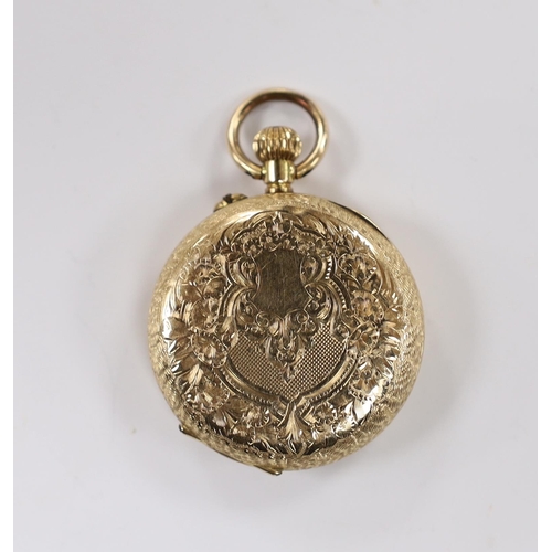 2104 - A lady's continental engraved 14k open face keyless fob watch, with Roman dial, gross weight   27.8 ... 