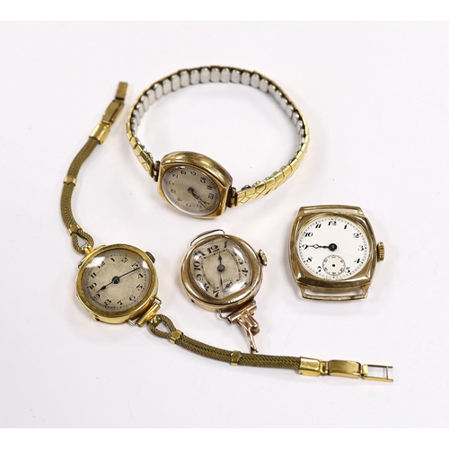 2105 - A lady's 18ct gold manual wind wrist watch on a twin fabric strap and three similar 9ct gold wrist w... 