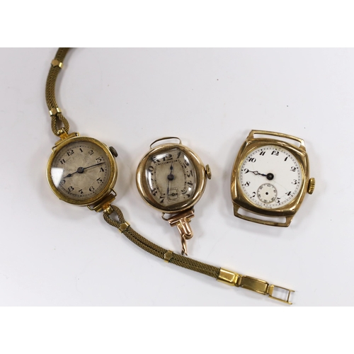 2105 - A lady's 18ct gold manual wind wrist watch on a twin fabric strap and three similar 9ct gold wrist w... 