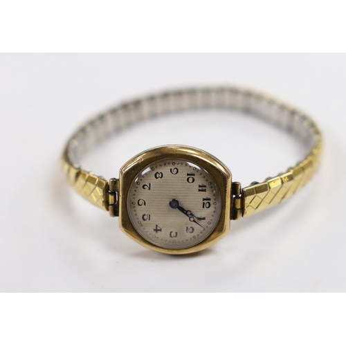 2105 - A lady's 18ct gold manual wind wrist watch on a twin fabric strap and three similar 9ct gold wrist w... 