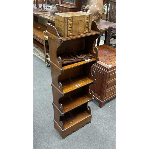 132 - A Victorian style mahogany five tier narrow bookcase, width 36cm, depth 17cm, height 104cm,  Victori... 