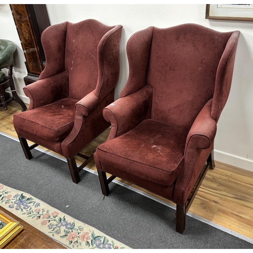 133 - A pair of George III style upholstered wing armchairs, width 78cm, depth 80cm, height 105cm