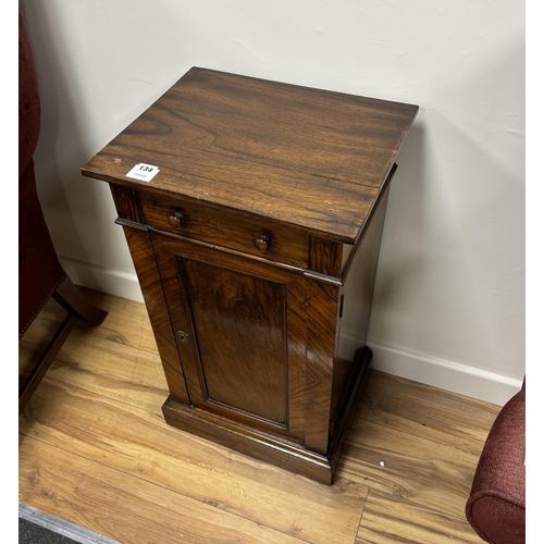 134 - A Victorian walnut bedside cabinet, width 43cm, depth 35cm, height 76cm