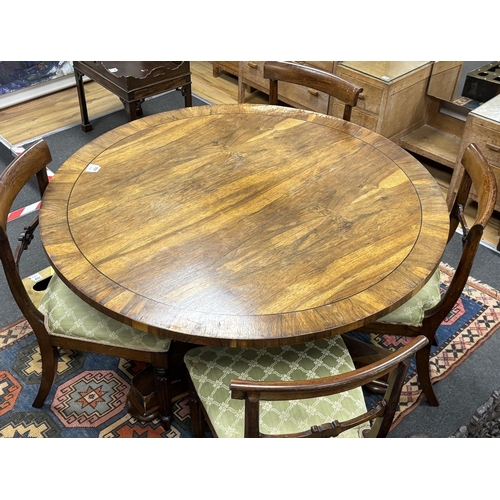 151 - A Regency circular rosewood tilt top breakfast table, diameter 121cm, height 71cm together with four... 