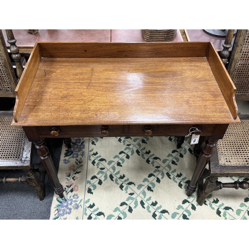 156 - A mid Victorian mahogany two drawer side table, width 91cm, depth 47cm, height 84cm