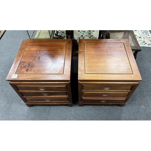 161 - A pair of Chinese hardwood three drawer bedside chests, width 50cm, depth 50cm, height 56cm