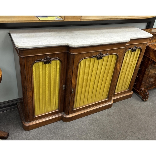 168 - A Victorian marble topped rosewood breakfront bookcase, width 152cm, depth 42cm, height 168cm