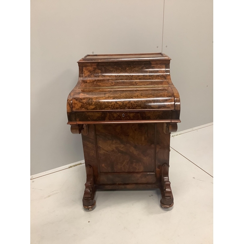 169 - A Victorian burr walnut piano top pop-up Davenport, width 57cm, depth 56cm, height 89cm