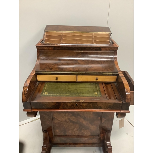 169 - A Victorian burr walnut piano top pop-up Davenport, width 57cm, depth 56cm, height 89cm