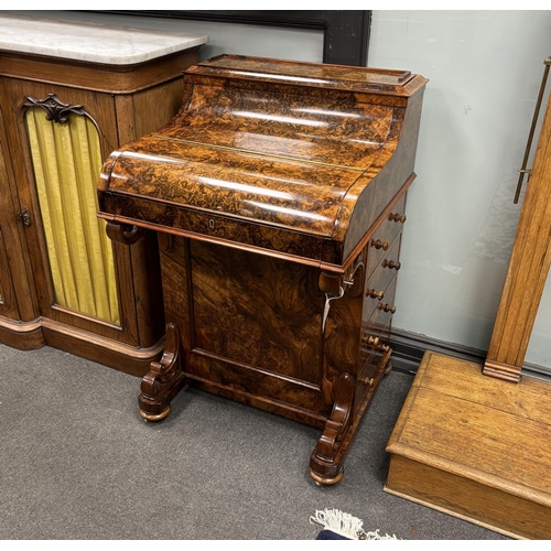 169 - A Victorian burr walnut piano top pop-up Davenport, width 57cm, depth 56cm, height 89cm