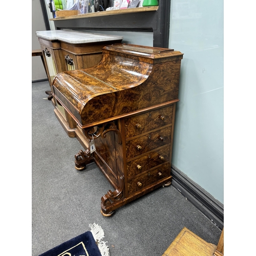 169 - A Victorian burr walnut piano top pop-up Davenport, width 57cm, depth 56cm, height 89cm