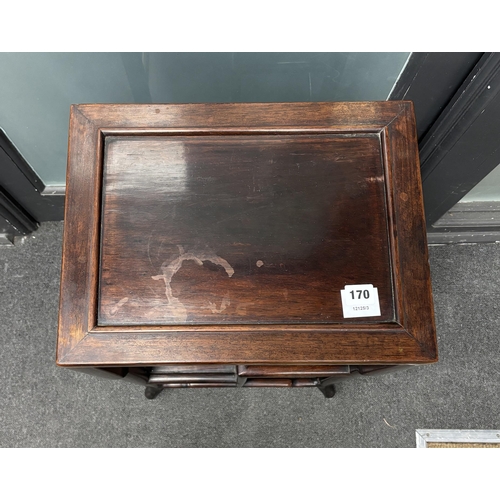 170 - A Chinese hardwood three tier table, width 41cm, depth 31cm, height 74cm