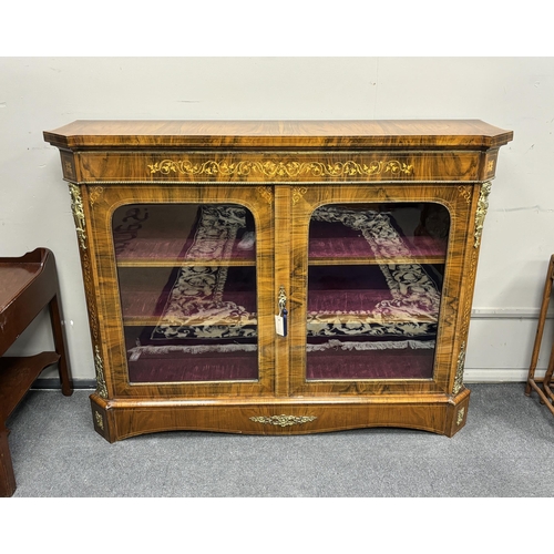 173 - A Victorian figured walnut and marquetry side cabinet, width 143cm, depth 37cm, height 109cm