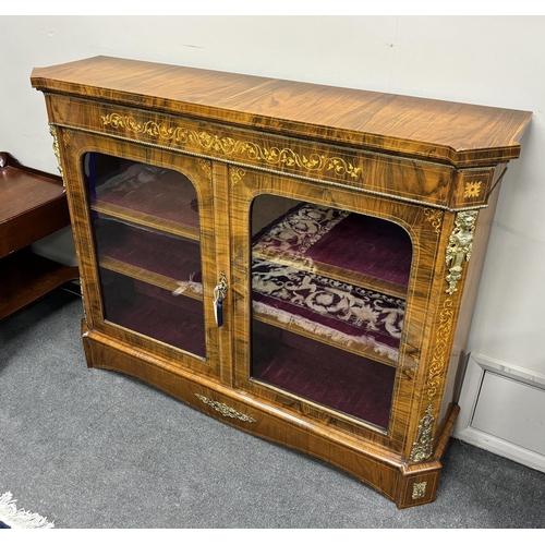 173 - A Victorian figured walnut and marquetry side cabinet, width 143cm, depth 37cm, height 109cm