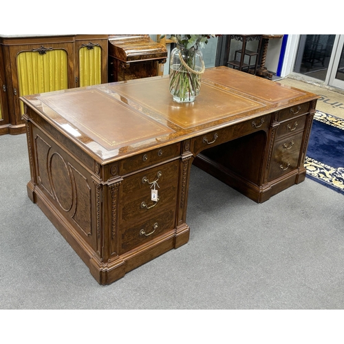 176 - A George III style burr walnut pedestal partner's desk, width 193cm, depth 107cm, height 76cm