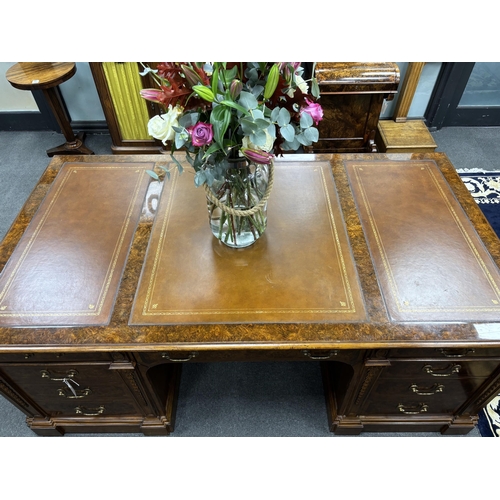 176 - A George III style burr walnut pedestal partner's desk, width 193cm, depth 107cm, height 76cm