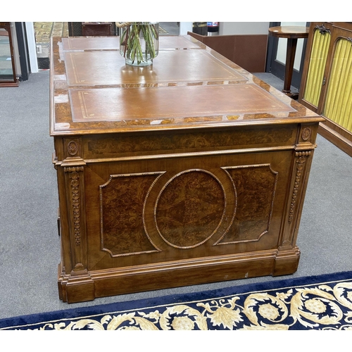 176 - A George III style burr walnut pedestal partner's desk, width 193cm, depth 107cm, height 76cm