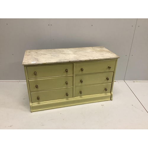 39 - A painted low six drawer marble top chest, width 107cm, depth 45cm, height 62cm