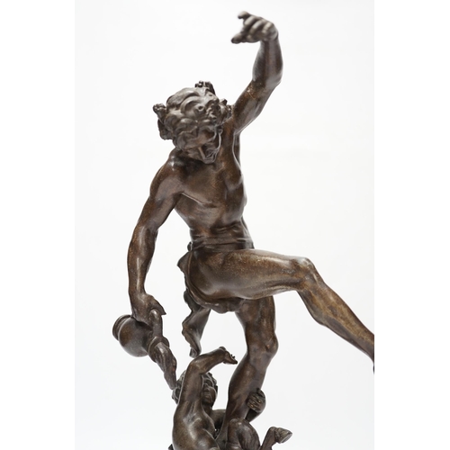 422 - A bronzed spelter dancing figure of Bacchus - Le Vin, with a fawn and bunches of grapes, on a marb... 