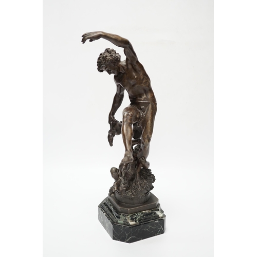 422 - A bronzed spelter dancing figure of Bacchus - Le Vin, with a fawn and bunches of grapes, on a marb... 