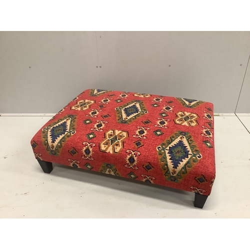 43 - A contemporary rectangular footstool with Kilim style fabric upholstery, width 102cm, depth 74cm, he... 