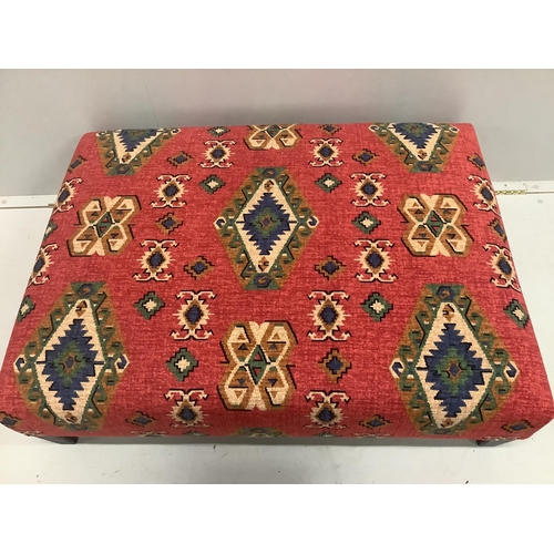 43 - A contemporary rectangular footstool with Kilim style fabric upholstery, width 102cm, depth 74cm, he... 