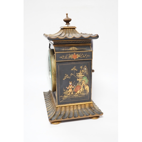 442 - A George V chinoiserie lacquered mantel clock, decorated in relief with figures and pagodas, dial in... 