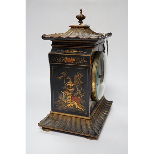 442 - A George V chinoiserie lacquered mantel clock, decorated in relief with figures and pagodas, dial in... 