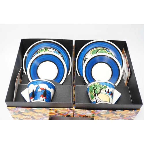 453 - Two Wedgwood Clarice Cliff limited edition May Avenue trios together with a carpet conical sugar, ea... 