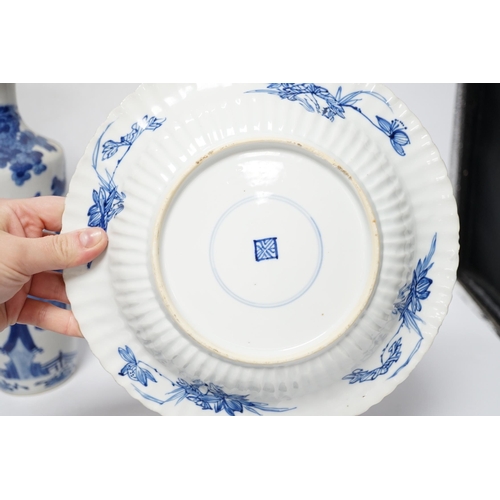 459 - A group of Chinese blue and white dishes and plates and a damaged vase, 30cm