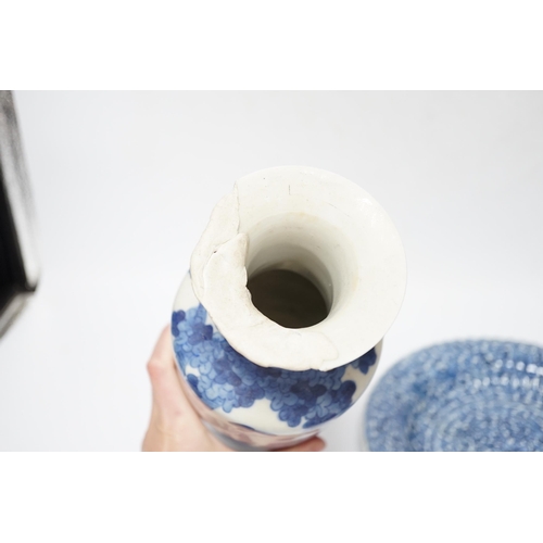 459 - A group of Chinese blue and white dishes and plates and a damaged vase, 30cm