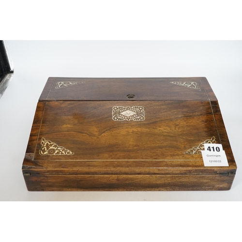 462 - A Victorian mother of pearl inlaid rosewood writing slope, 35.5cm wide