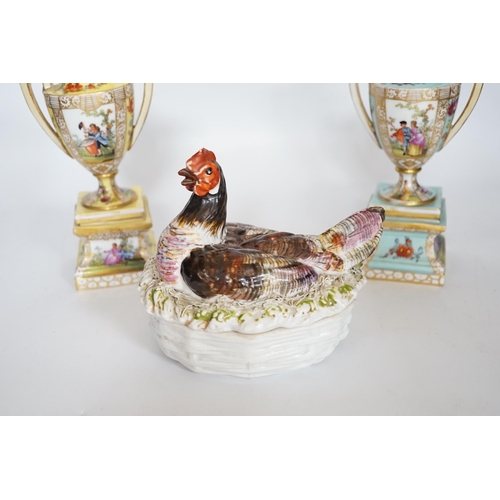 471 - A pair of Dresden porcelain vases and covers (restored) together with a hen egg basket and cover, la... 