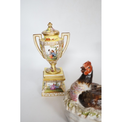 471 - A pair of Dresden porcelain vases and covers (restored) together with a hen egg basket and cover, la... 