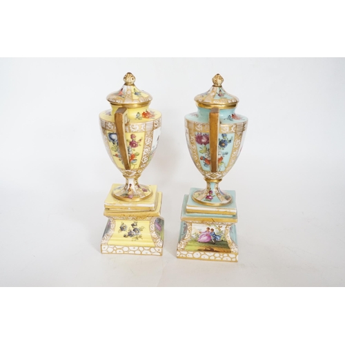 471 - A pair of Dresden porcelain vases and covers (restored) together with a hen egg basket and cover, la... 