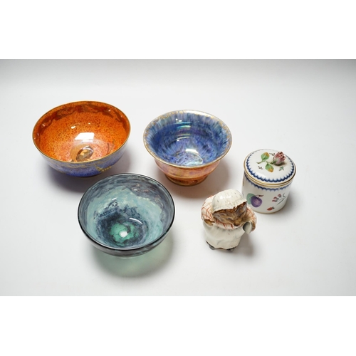 476 - Two Wedgwood lustre bowls, a Vasart type glass bowl and two other items comprising Beatrix potter fi... 