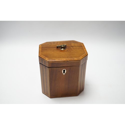 477 - A Regency inlaid octagonal tea caddy and ivory escutcheon lock, 13cm high CITES Submission reference... 