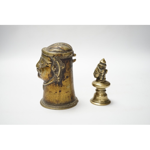 488 - Two brass alloy Shiva Mukhalingam, Southern India, 16th-18th century Provenance: acquired on travels... 