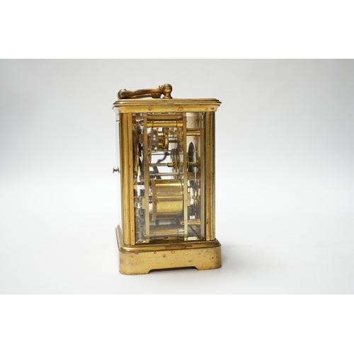 490 - A brass carriage clock with subsidiary dial, 16cm high