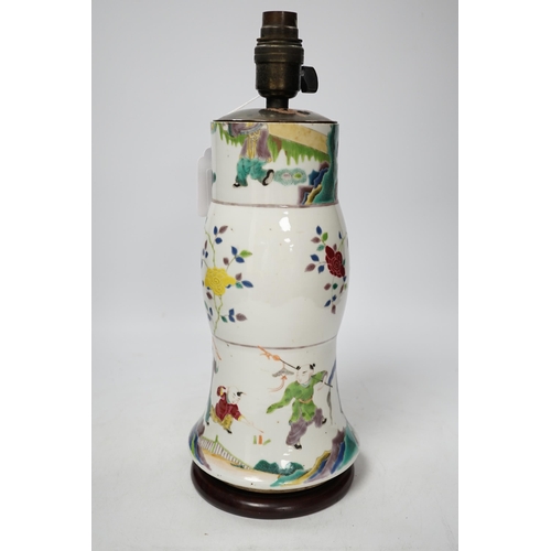 524 - An early 19th century Chinese famille rose gu vase, converted to a lamp, reduced, apocryphal Kangxi ... 