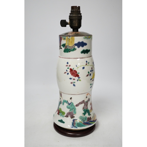 524 - An early 19th century Chinese famille rose gu vase, converted to a lamp, reduced, apocryphal Kangxi ... 