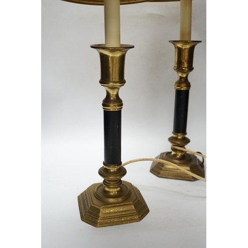 539 - A pair of brass and black table lamps and shades, 64.5cm high