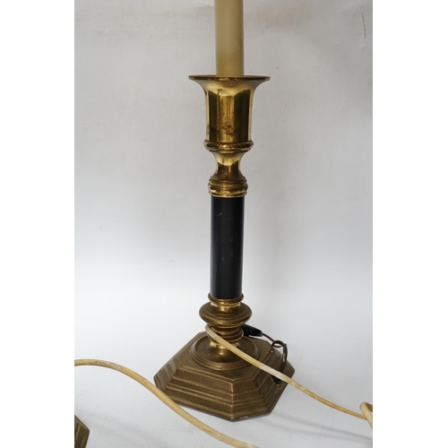 539 - A pair of brass and black table lamps and shades, 64.5cm high