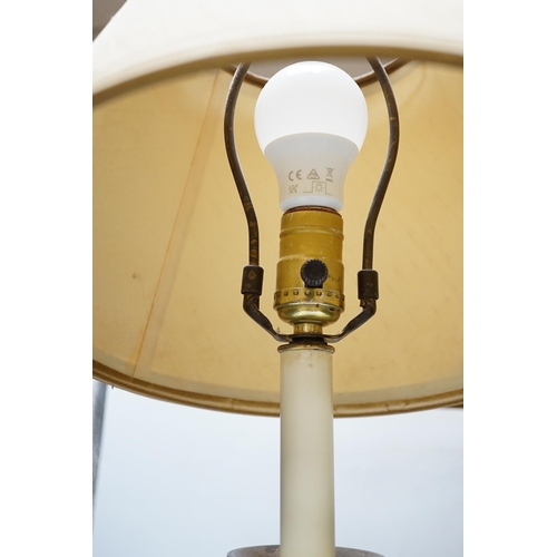 539 - A pair of brass and black table lamps and shades, 64.5cm high