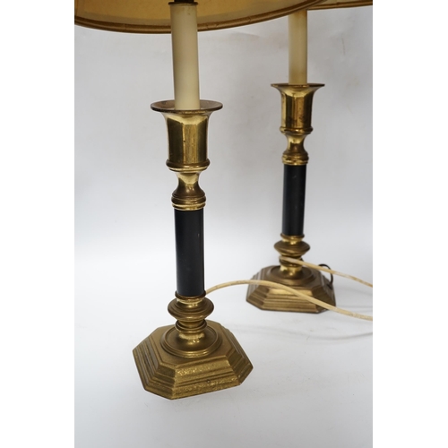 539 - A pair of brass and black table lamps and shades, 64.5cm high