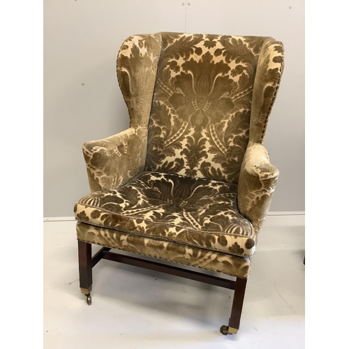 54 - A George III mahogany velvet brocade wingback armchair, for use by Edward VII, width 84cm, depth 76c... 