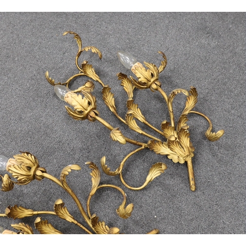 540 - A pair two-light gilt twin branch wall sconces, 56cm high