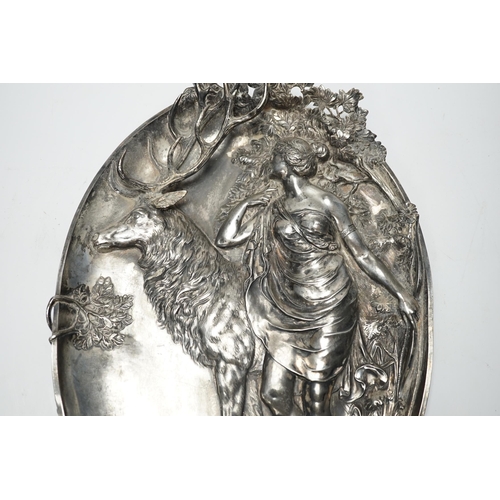 541 - An Art Nouveau WMF Diana the Huntress pewter plaque, 37x28cm