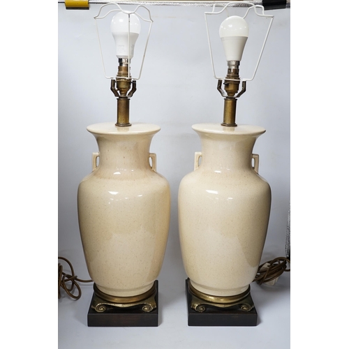 543 - A pair of Chinese glazed table lamps, 43cm to ceramic top