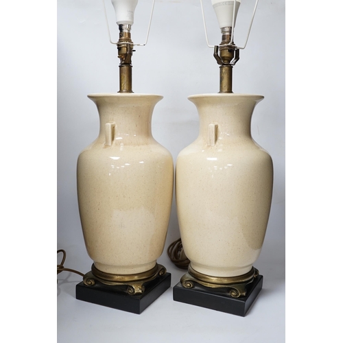 543 - A pair of Chinese glazed table lamps, 43cm to ceramic top